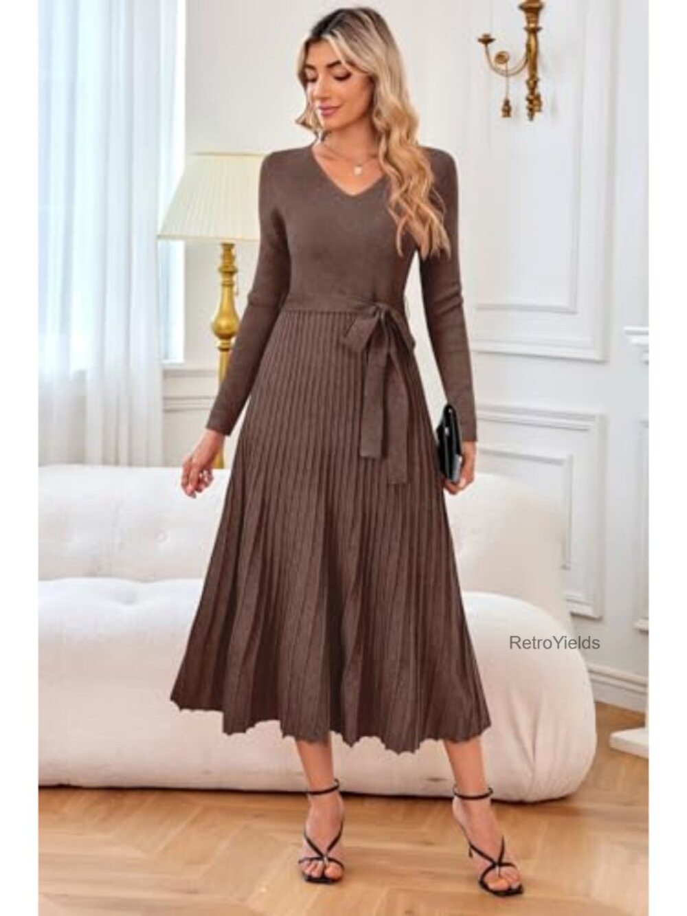 Wool Blend Long Sleeve V-Neck Midi Sweater Dress Tie Waist A-Line - Picture 4 of 6
